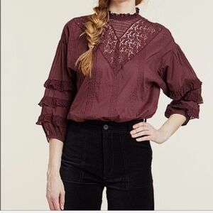 Frye Women’s Burgundy Diya Sassafras Long Sleeve Lacey Fashion Blouse Sz-L